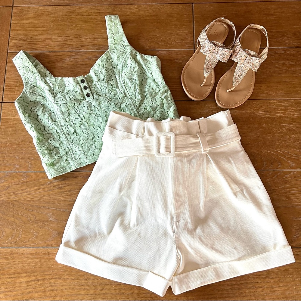 Zara White Paperbag High Waist Denim Shorts with Removable Belt
